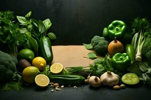 ai gegenereerd gastronomisch genot vers Groenen en kruiden ingelijst Aan beton backdrop foto