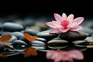 ai gegenereerd roze bloem complementen zen steen voor een harmonisch en sereen atmosfeer foto