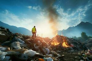 ai gegenereerd vuilnis degradatie ingenieur confronteert een berg van verspilling verontreiniging foto