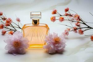 ai gegenereerd vrouwelijk verfijning parfum flessen en bloemen verbeteren een wit achtergrond foto