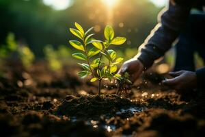 ai gegenereerd klimaat actie aanplant een nieuw boom naar gevecht en verzachten klimaat verandering ai gegenereerd foto