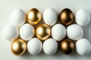 ai gegenereerd minimalistisch elegantie wit en goud Pasen eieren, vlak leggen foto