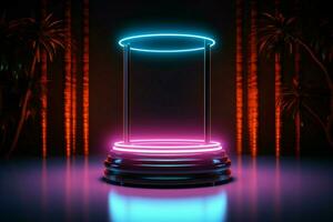 ai gegenereerd Product spotlight cilinder podium met oog vangen neon verlichting dynamiek foto