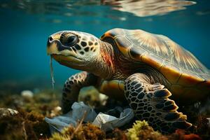 ai gegenereerd oceaan crisis plastic verontreiniging effecten zee schildpadden en marinier leven foto
