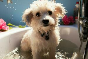 ai gegenereerd bichon frise mengen geniet spa dag, wezen gewassen in huisdier salon foto