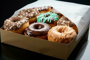 ai gegenereerd verpakt donuts bewerkt voor verrukkelijk presentatie en toegeeflijk in beroep gaan foto