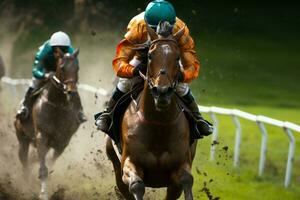 ai gegenereerd bijhouden drama de spannend schouwspel van een paard ras vastleggen de snelheid en wedstrijd ai gegenereerd foto