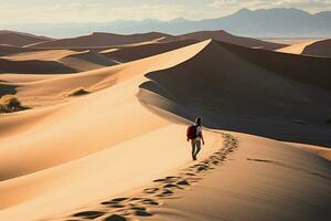 ai gegenereerd eenzaam wandelaar Aan mesquite vlak zand duinen in dood vallei, Californië foto