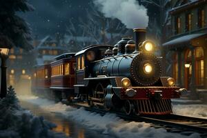ai gegenereerd Kerstmis trein rollend door een winter wonderland ai gegenereerd foto
