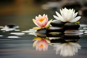 ai gegenereerd lotus in sereen water, vergezeld door een elegant drijvend steen foto