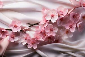 ai gegenereerd bruiloft samenstelling met roze bloemen, zijde Aan wit panoramisch achtergrond foto