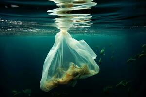 ai gegenereerd marinier verontreiniging plastic zak nadelig ondergedompeld onder de zee foto