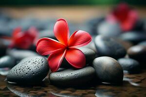 ai gegenereerd rustgevend spa arrangement rood frangipani bloem met sereen spa stenen foto