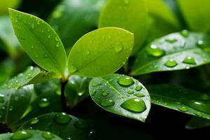 ai gegenereerd groen kalmte water druppels Aan blad achtergrond, aard omhelzing foto