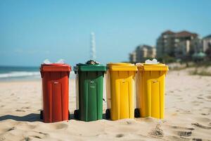 ai gegenereerd milieu zorg vier plastic containers voor vuilnis sorteren Aan strand foto
