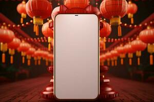 ai gegenereerd hedendaags 3d Chinese nieuw jaar banier smartphone, hangende lantaarn, viering foto