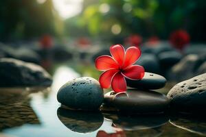 ai gegenereerd rustig spa tafereel rood frangipani bloem en rustgevend spa stenen foto