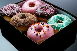 ai gegenereerd creatief Bewerk donuts in pakket, gepresenteerd met verbeterd zichtbaar in beroep gaan foto