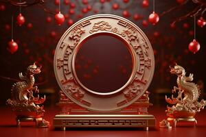 ai gegenereerd modieus 3d podium Chinese nieuw jaar, midden herfst, rood goud viering foto