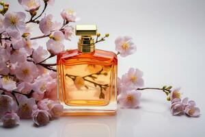 ai gegenereerd zichtbaar verleiden parfum flessen en bloemen creëren elegantie Aan wit foto