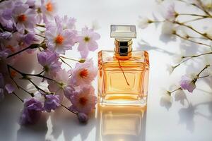 ai gegenereerd geur elegantie parfum flessen en bloemen genade een mooi wit backdrop foto