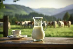 ai gegenereerd glas werper met vers melk Aan een houten tafel. ai gegenereerd foto