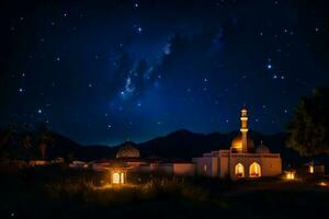 ai gegenereerd etherisch vallen van de avond van moskee kalmte onder sterrenlicht foto