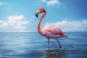 ai gegenereerd roze flamingo in de water. ai gegenereerd foto