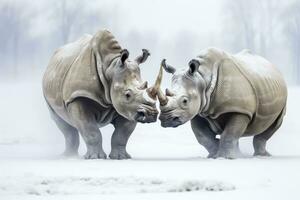 ai gegenereerd twee neushoorn krijgen klaar voor strijd Aan ijs. ai gegenereerd foto