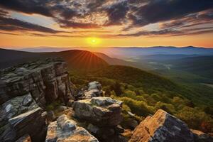 ai gegenereerd zonsondergang Aan steenachtig Mens berg. ai gegenereerd foto