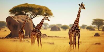 ai gegenereerd giraffen in de Afrikaanse savanne. serengeti nationaal park. Afrika. Tanzania. ai gegenereerd foto