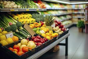 ai gegenereerd fruit en groenten Aan winkel staan in supermarkt kruidenier op te slaan. ai gegenereerd foto
