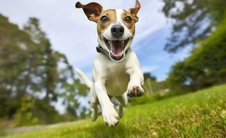 ai gegenereerd jack russel dominee hond rennen richting de camera laag hoek hoog snelheid schot. ai gegenereerd foto