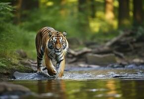 ai gegenereerd amur tijger wandelen in de water. gevaarlijk dier. dier in een groen Woud stroom. generatief ai foto