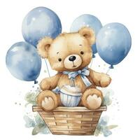 ai gegenereerd een waterverf baby teddy beer is zittend in de mand met blauw en goud ballonnen. ai gegenereerd foto