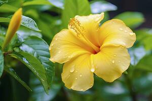 ai gegenereerd dichtbij omhoog mooi geel hibiscus bloem. ai gegenereerd foto