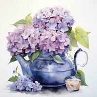 ai gegenereerd waterverf hortensia's in theepot geïsoleerd Aan wit achtergrond. ai gegenereerd foto