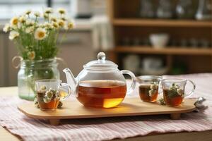 ai gegenereerd houten dienblad met theepot, cups van natuurlijk kamille thee en bloemen Aan tafel. generatief ai foto