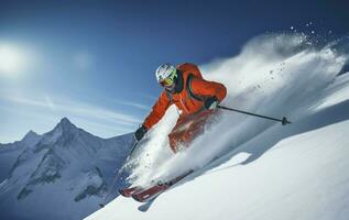 ai gegenereerd skiër skiën Aan berg helling. ai gegenereerd foto