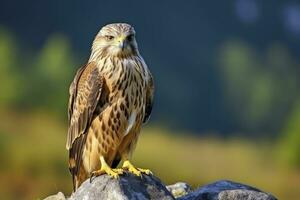 ai gegenereerd havik zittend Aan rots op zoek voor prooi. ai gegenereerd foto