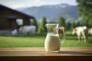 ai gegenereerd glas werper met vers melk Aan een houten tafel. ai gegenereerd foto