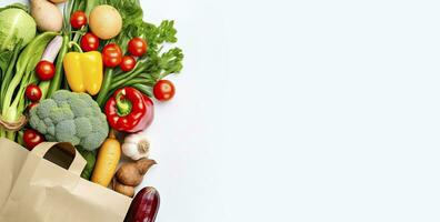 ai gegenereerd gezond voedsel in papier zak groenten en fruit Aan wit achtergrond. ai gegenereerd foto
