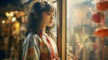 ai gegenereerd vrouw in kimono overweegt de visie foto