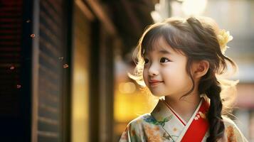 ai gegenereerd weinig meisje in kimono staren uit de venster foto