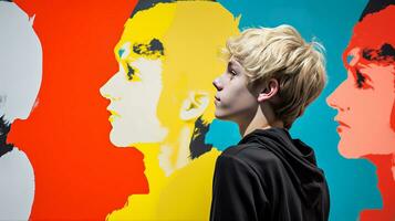 ai gegenereerd levendig portret van een jeugdig Mens tegen een kleurrijk muur foto