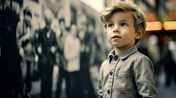 ai gegenereerd jong jongen poses in voorkant van muur foto