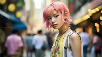 ai gegenereerd een elegant vrouw met roze haar- wandelen Aan een bezig stad straat foto