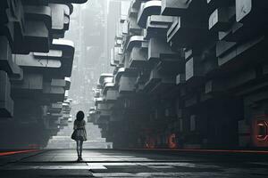 ai gegenereerd vrouw wandelen in futuristische brutalist stad straat. ai gegenereerd. foto