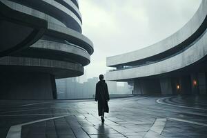 ai gegenereerd vrouw wandelen in futuristische brutalist stad straat. ai gegenereerd. foto