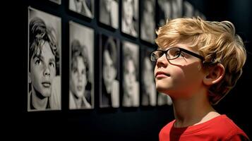 ai gegenereerd jong jongen bewonderend muur van afbeeldingen foto